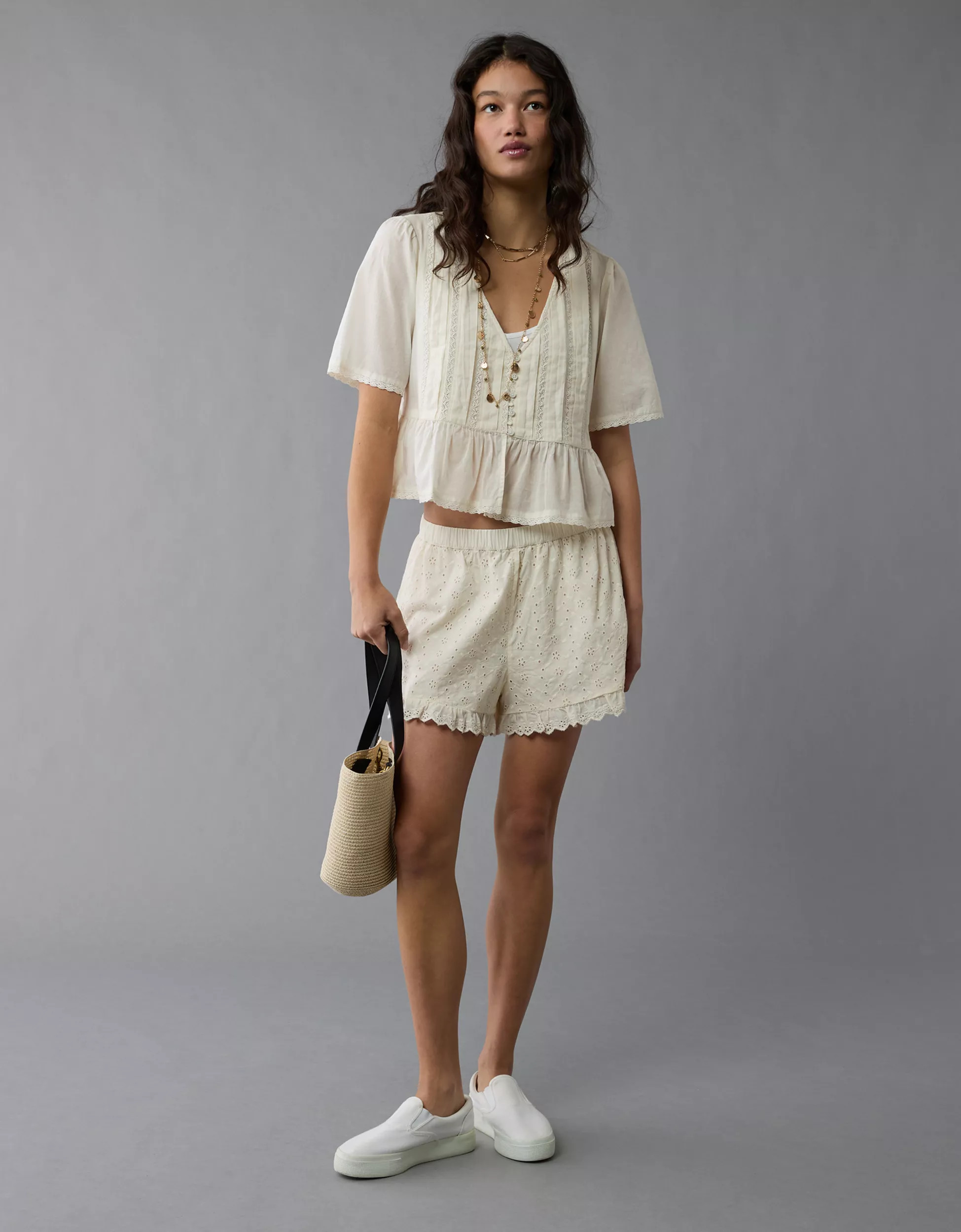 AE High-Waisted Eyelet Ruffle Short | American Eagle Outfitters (US & CA)