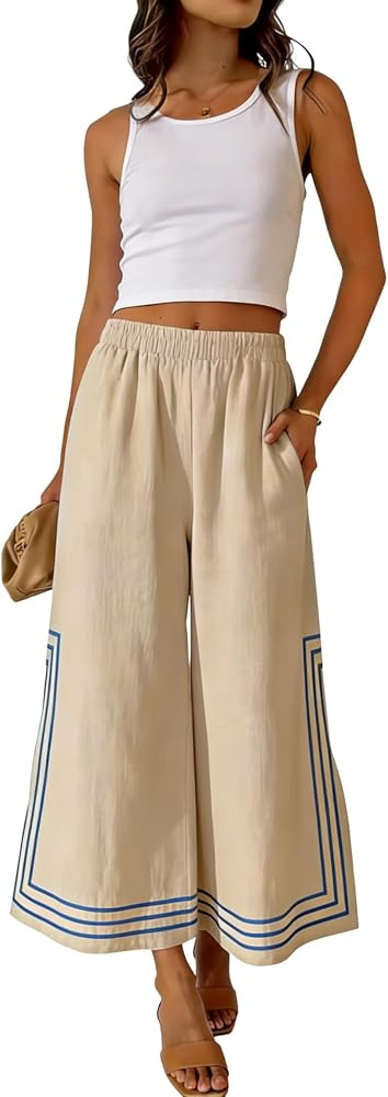 Hongsui Women's Elastic Waist Wide Leg Pants Color Block Striped Palazzo Pants Y2K Baggy Pants wi... | Amazon (US)