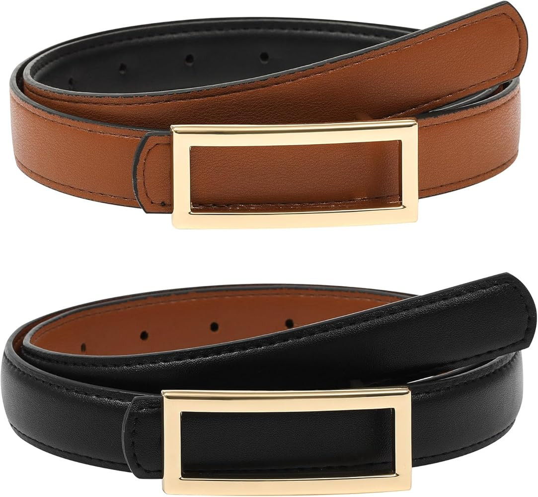 AWAYTR Women Reversible Leather Belt - Two-in-One Women Fashion Skinny Belt for Jeans with Golden... | Amazon (US)