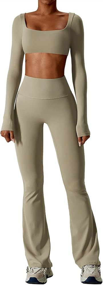 ABOCIW Workout Sets for Women 2 Piece Twist Front Long Sleeve Crop Tops High Waist Flared Legging... | Amazon (US)