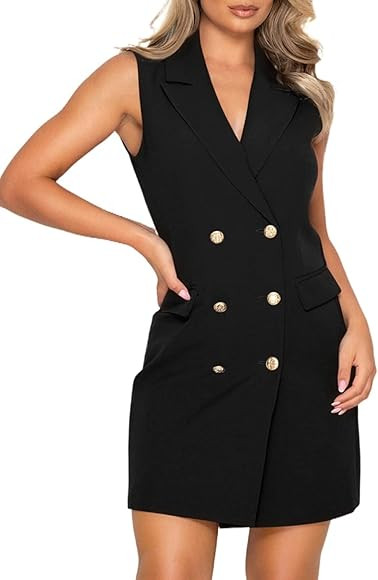 Asvivid Women Elegant V Neck Sleeveless Blazer Dress Casual Work Office Double Breasted Blazer Dr... | Amazon (US)