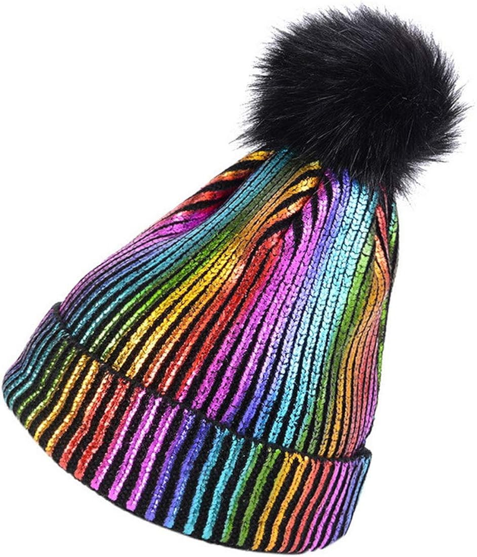 YEKEYI Women Winter Warm Knitted Beanie Hat with Faux Fur Pompom Metallic Shiny Hats Cap | Amazon (US)