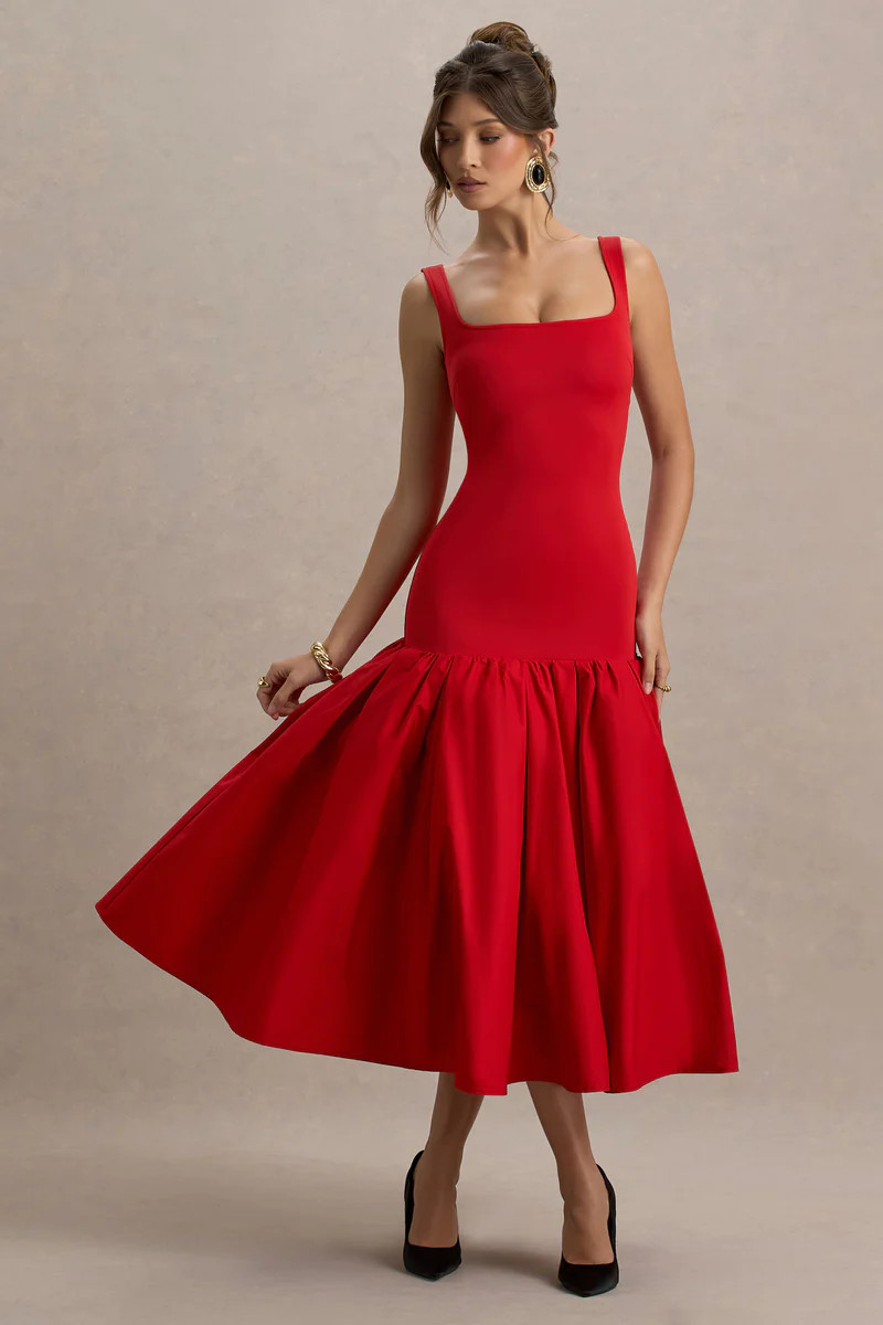 Parida  Red Poplin Drop-Waist Midi Dress With Peplum Hem | Club L London