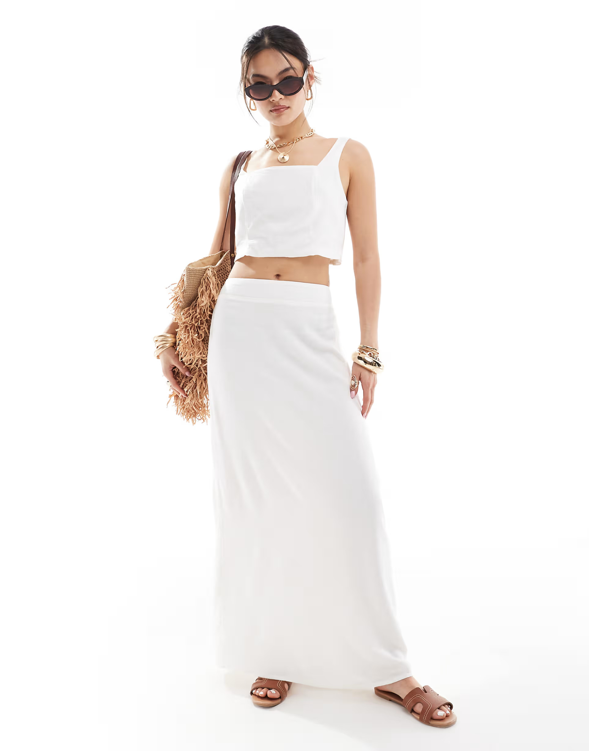 River Island linen midaxi skirt co-ord in white | ASOS (Global)