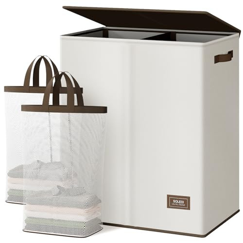 SOLEDI Luxury Double Laundry Hamper with Lid and Removable Bags, Large Hamper for Laundry, Laundry Basket 2 Sections, Collapsible Ditry Clothes Hamper for Bedroom, Laundry Room, Bathroom, Off-white | Amazon (US)