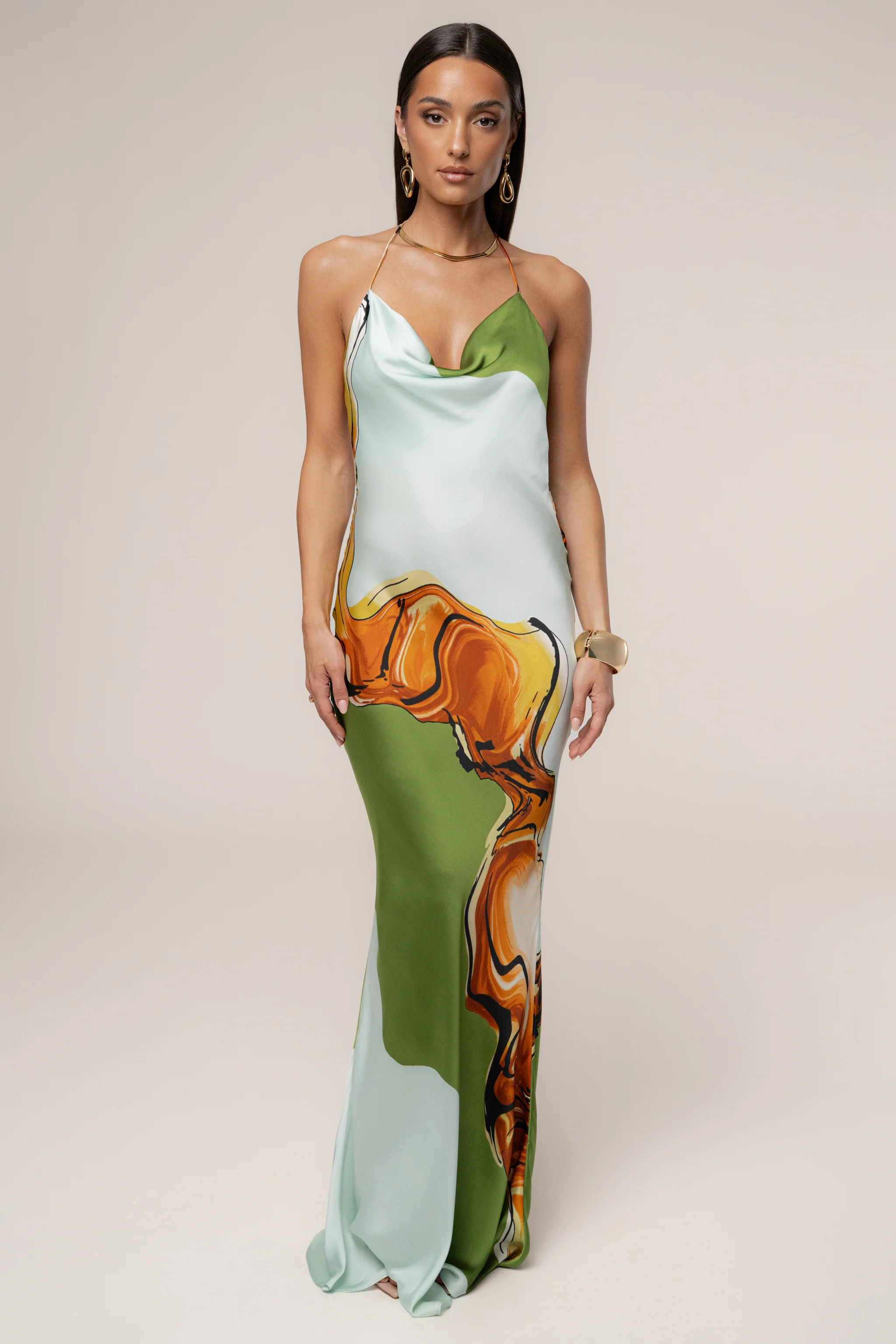 Green Tropical Print Golden Touch Satin Dress | JLUXLABEL US