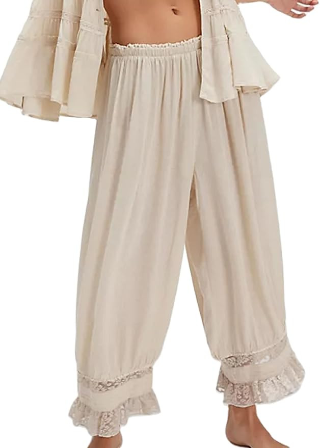 UAURORAO Women Lace Trim Long Bloomers Elastic Mid Rise Ruffle Pantaloons Cropped Flared Slips Pa... | Amazon (US)