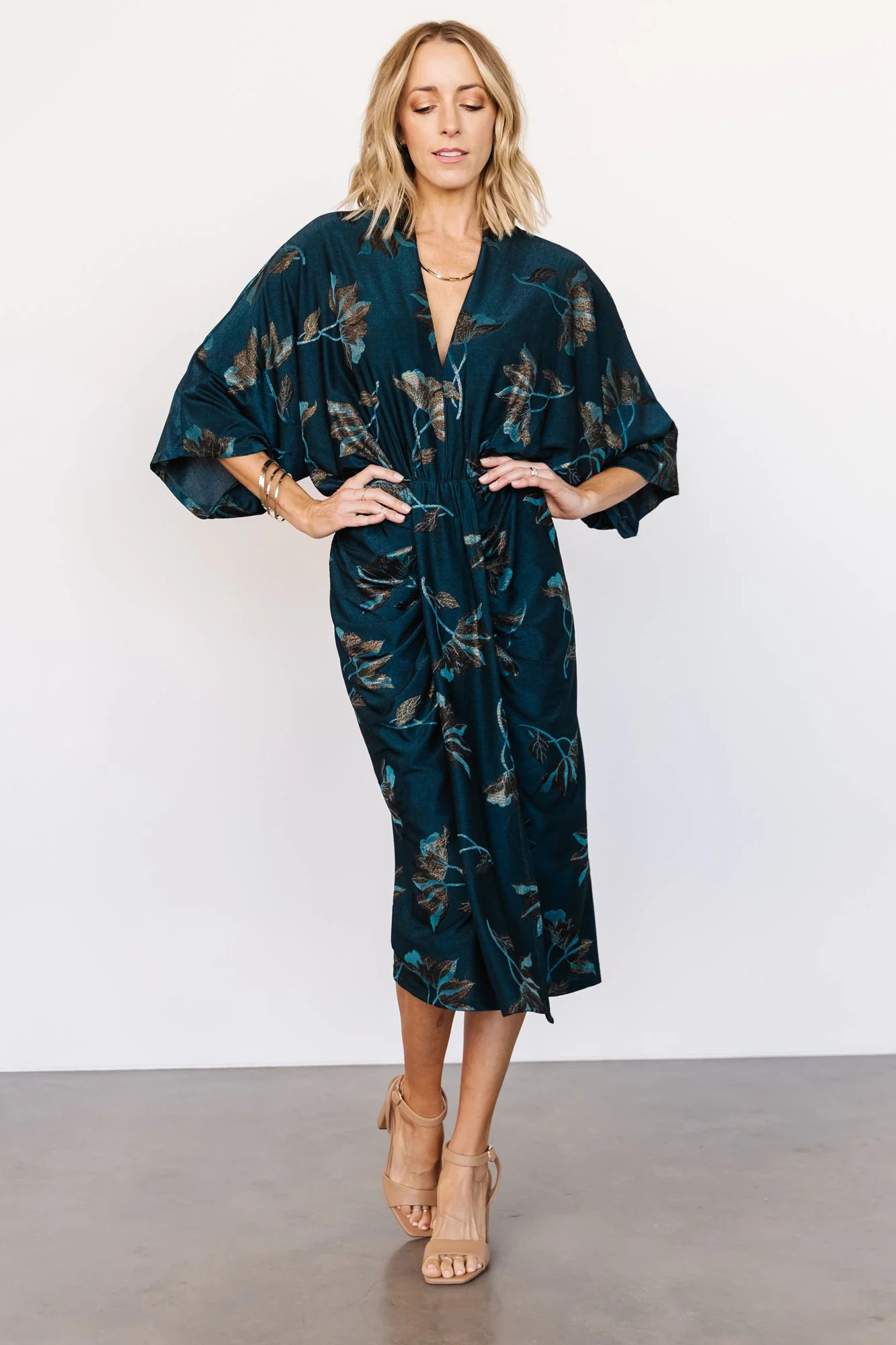 Shaneen Ruched Midi Dress | Jade Floral Shimmer | Baltic Born
