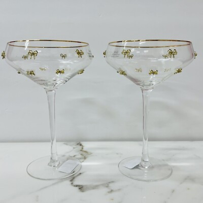 NEW Set of 2 Gold Bow With Gem Champagne Coupe Wine Stem Glasses Coquette RARE | eBay US
