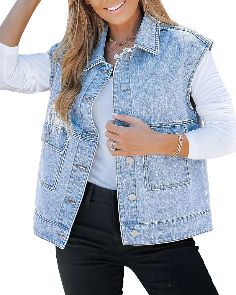 luvamia Denim for Women Oversized Button Down Sleeveless Jean Jacket Fashion Casual Western Outer... | Amazon (US)