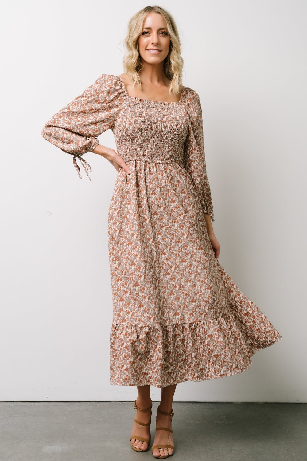 Dell Smocked Midi Dress | Rust + Gray Floral | Baltic Born