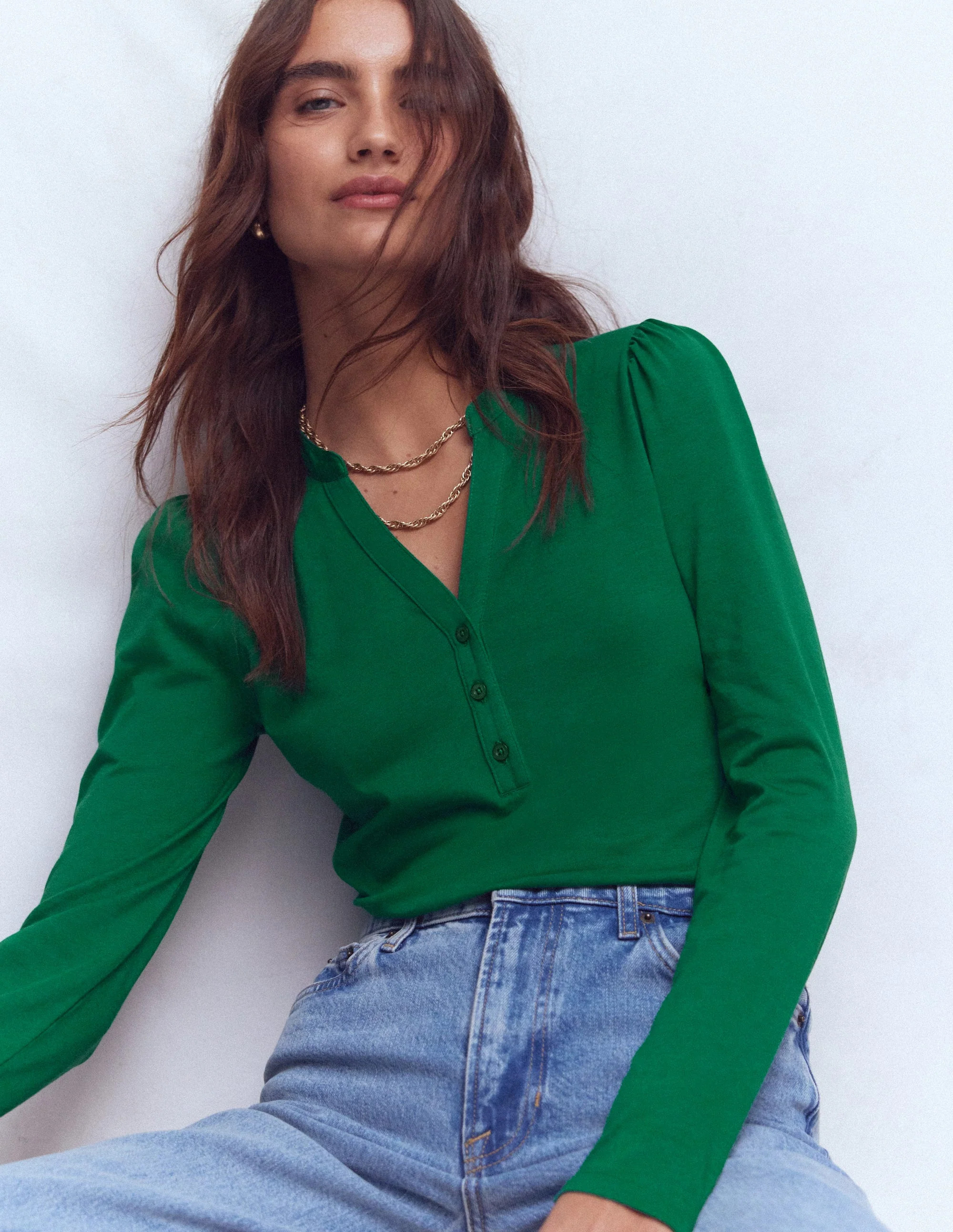 Supersoft Open Neck Henley-Jewel Green | Boden (US)