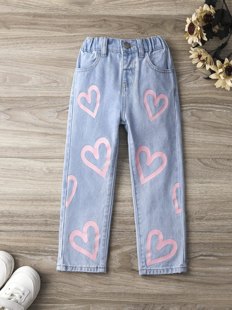 Young Girl Heart Print Straight Leg Jeans | SHEIN