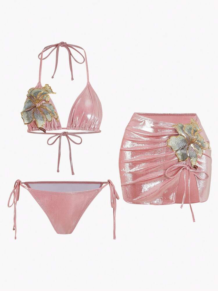 Swim Oasis 3pcs/Set Summer New High-End Shiny Fabric Sequin Embroidery Floral Triangle Bikini Push-Up Swimwear For Women | SHEIN