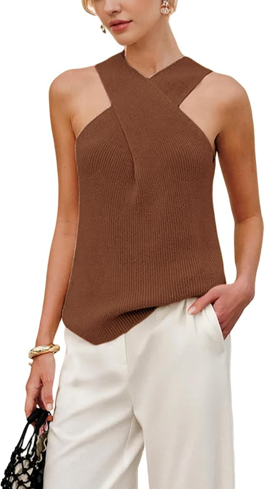 Yeokou Women Halter Cross Over Collar Tank Knit Sleeveless Top Solid Color Casual Summer Blouse | Amazon (US)