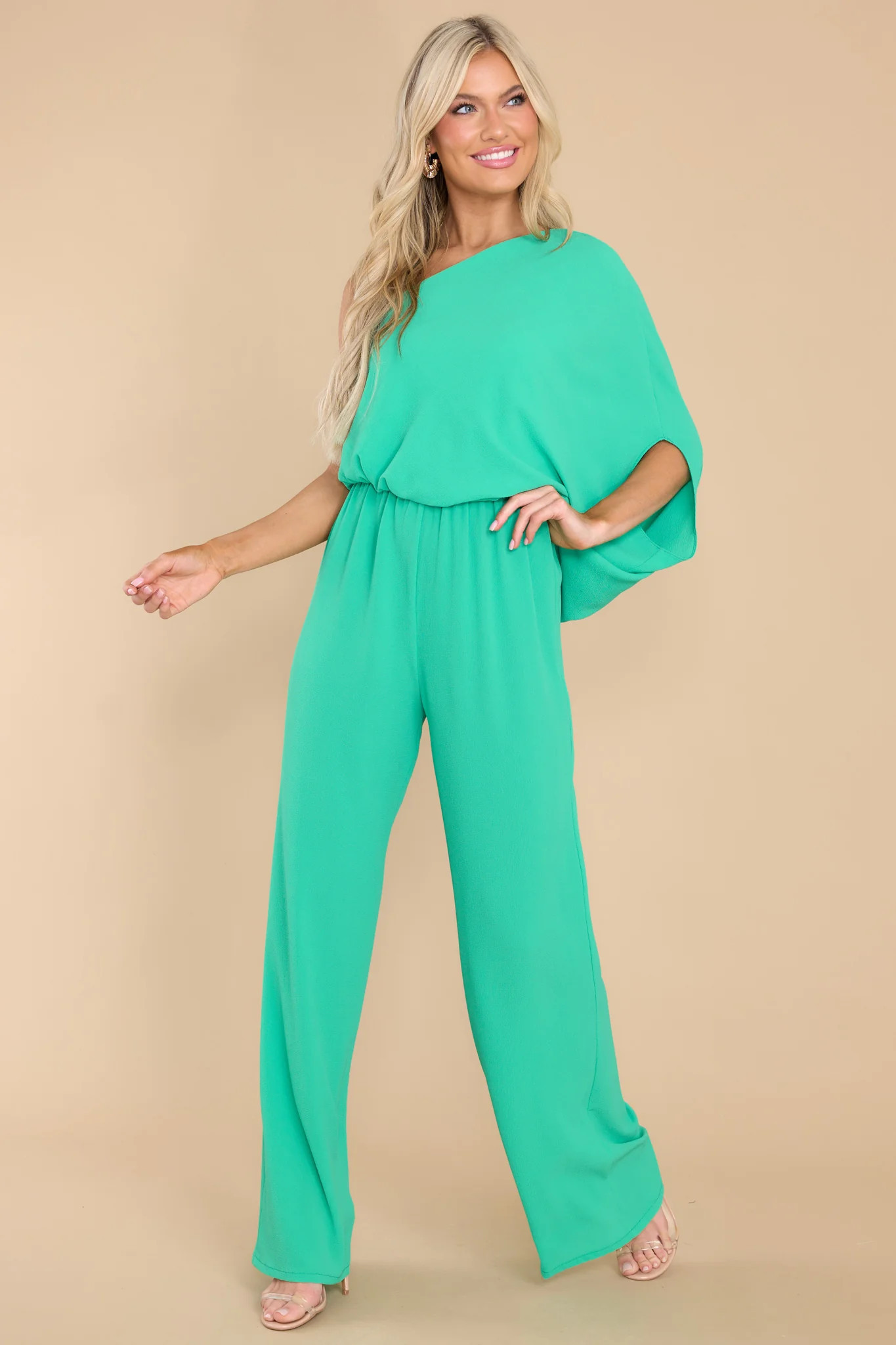 Dreaming Of New Green One Shoulder Jumpsuit | Red Dress 