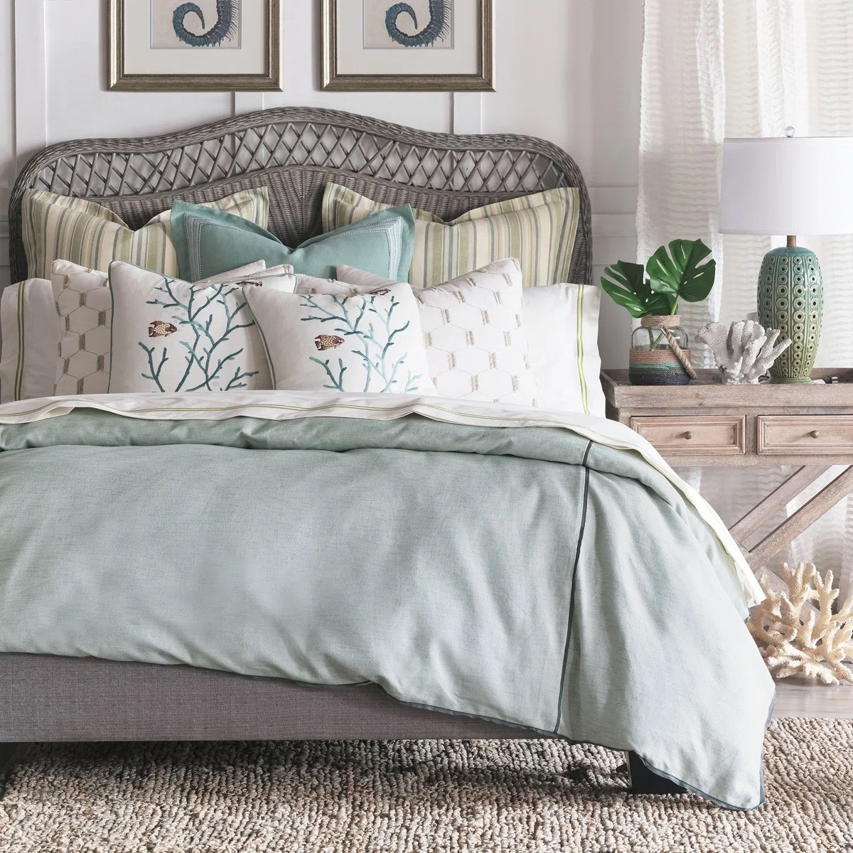 This Laurel Modern & Contemporary Cotton Blend Duvet Cover from Thom Filicia Home Collection at Wayfair creates the ultimate serene bedroom moment. I love the soft spa-inspired green tone, layered with coastal pillows and neutral textures for an elevated, calming look that feels both fresh and timeless.