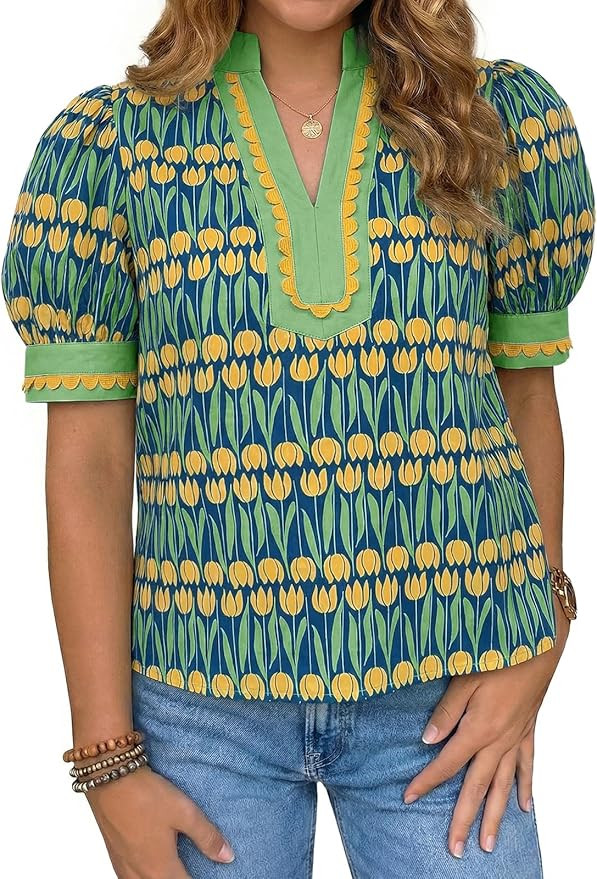 Tankaneo Womens Puff Sleeve Floral Blouse Tops Summer Dressy Casual V Neck Shirts Color Block Loo... | Amazon (US)