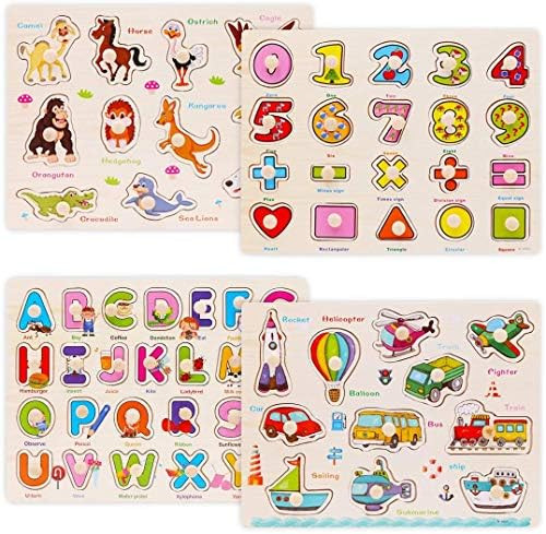 Wooden Peg Puzzles for Toddlers 2 3 Years Old, WOOD CITY Alphabet & Number Puzzles for Kids, 4 Pc... | Amazon (US)