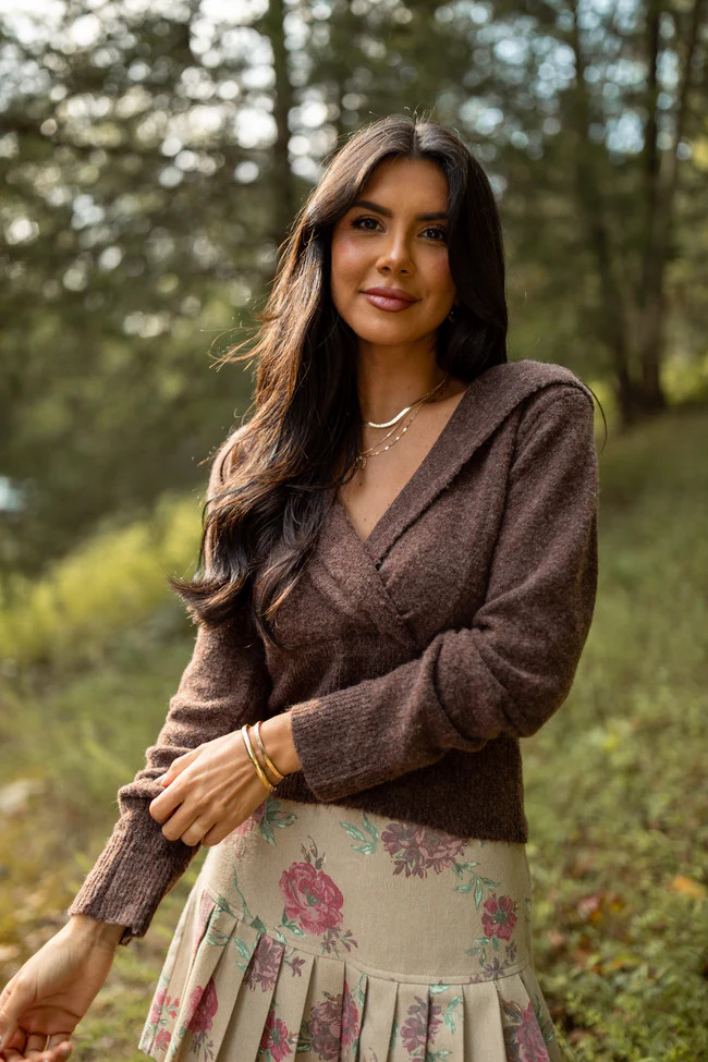 Kayce Chocolate Brown Hooded V-Neck Surplice Sweater SALE | Pink Lily