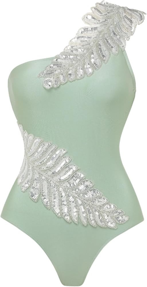 FLAXMAKER One Shoulder Green Leaf Sequin Embroidery One Piece Swimsuit and Sarong | Amazon (US)