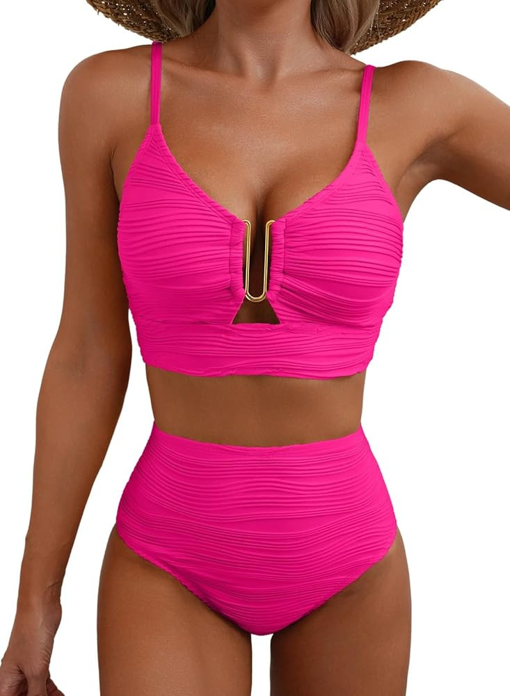 Herseas 2 Piece Bestselling Bikini Set U-Wire Cutout Swimsuit High Waisted Textured 2025 Summer B... | Amazon (US)