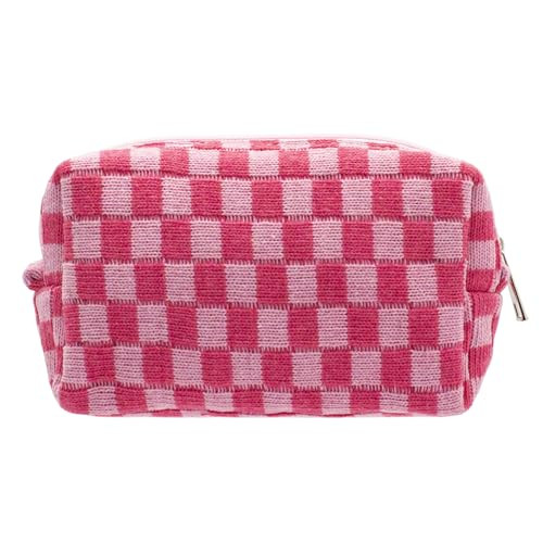 PAZIMIIK Checkered Makeup Bag for Purse Portable Zipper Make Up Pouch Small Cosmetic Case for Travel Accessories (Hotpink) | Amazon (US)
