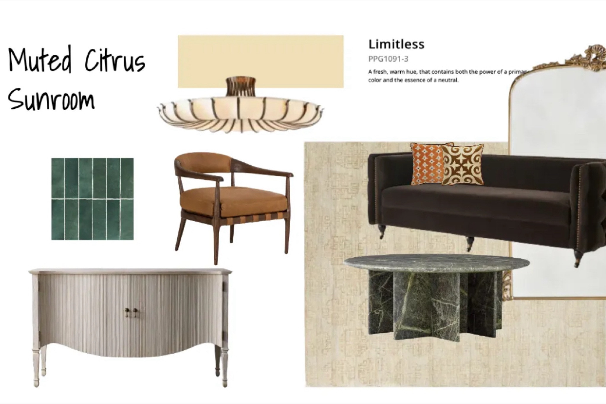 Another trend is the living room - sunroom hybrid. Sunrooms used to be a completely separate room, more of an enclosed patio and styled with patio furniture.  Now, more ceiling to floor windows or California doors are installed in the living room of new homes giving you a ton of light.  This mood board was designed to inspire a more refined sunroom with muted citrus tones and rich materials with a buttery yellow backdrop.  
#limitless #coloroftheyear #modernsunroom #moodboards

#LTKhome #LTKstyletip