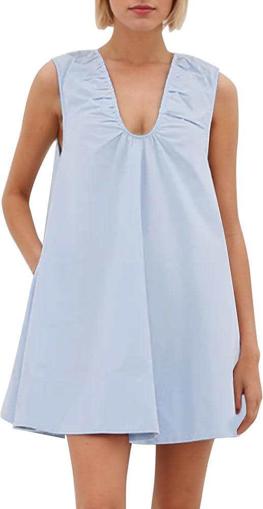 Women Summer Sleeveless Babydoll Mini Dress Scoop Neck Loose Fit Tank Dresses Party Ruched Short ... | Amazon (US)