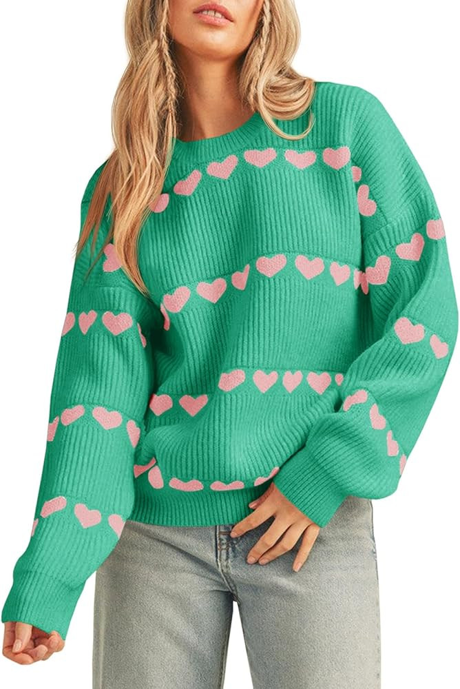 Saodimallsu Womens Heart Sweater Valentine Crew Neck Cute Ribbed Knit Loose Casual Pullover Sweat... | Amazon (US)