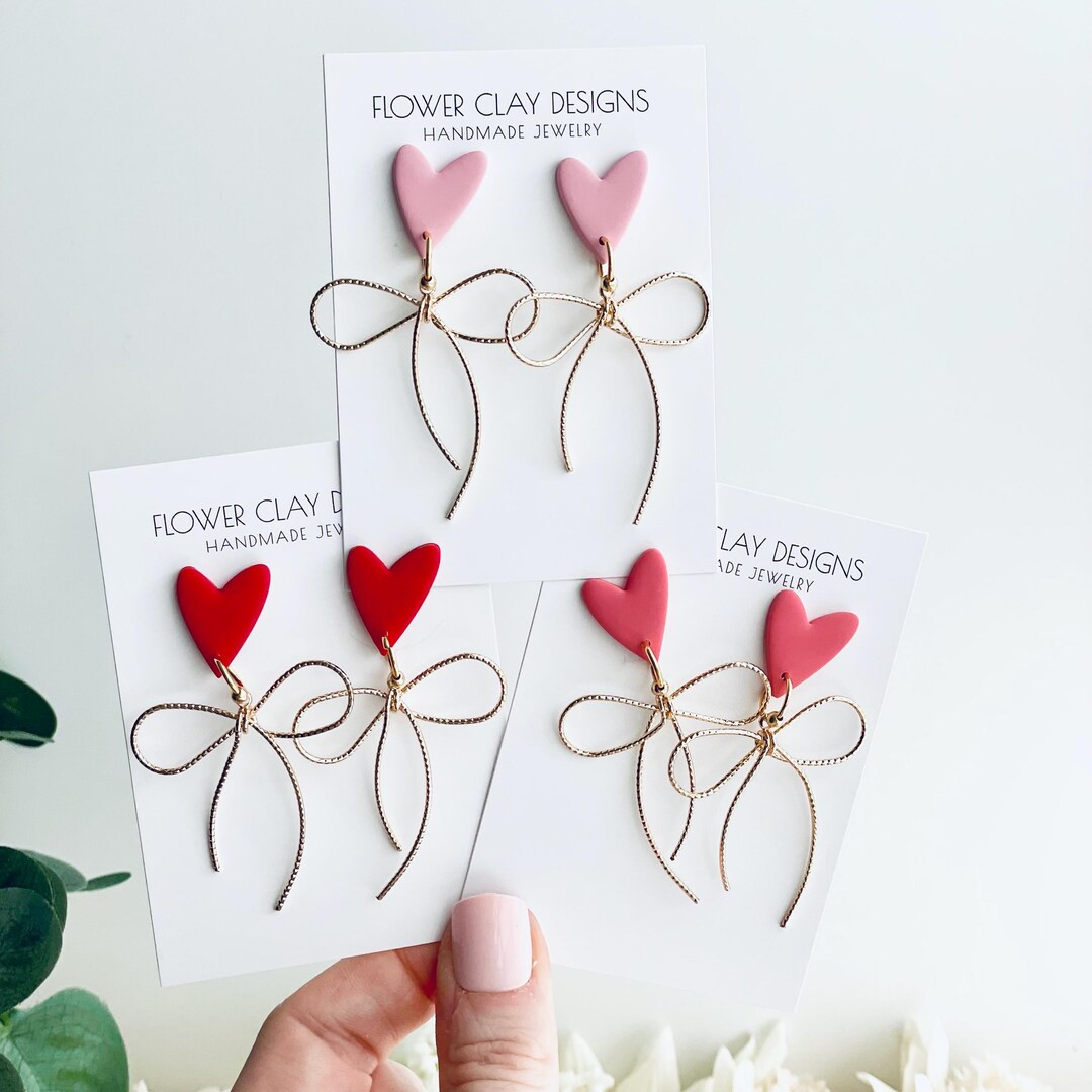 Heart Earrings With Bow: Valentines Day Red Heart Polymer Clay Dangle With Gold Ribbon - Etsy | Etsy (US)