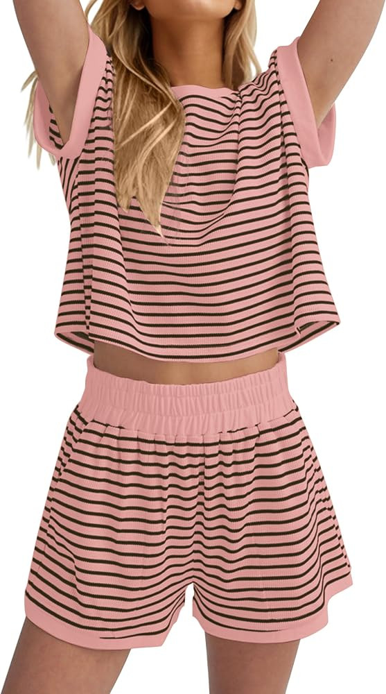 Burtell Women Summer 2 Piece Lounge Sets Striped Short Sleeve Tee Shirts Mini Shorts Loungewear S... | Amazon (US)