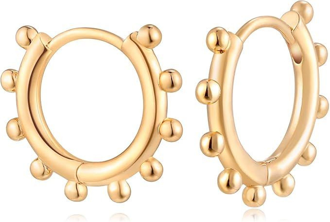 Bemoly Tiny Hoop Earrings for Women Gold Huggie Beaded Ball Sleeper Earring 14K Gold Plated Small... | Amazon (US)