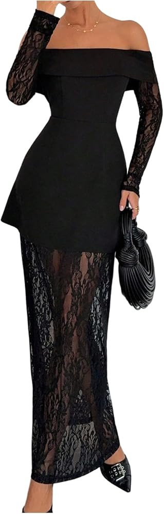 SOLY HUX Women's Off The Shoulder Lace Sheer Maxi Dress Long Sleeve Bodycon Cocktail Party Weddin... | Amazon (US)