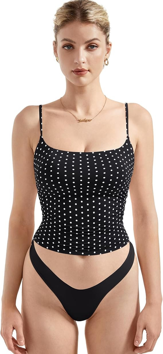 SUUKSESS Women Double Line Square Neck Tank Top Summer Y2K Going Out Basic Cami Shirt | Amazon (US)