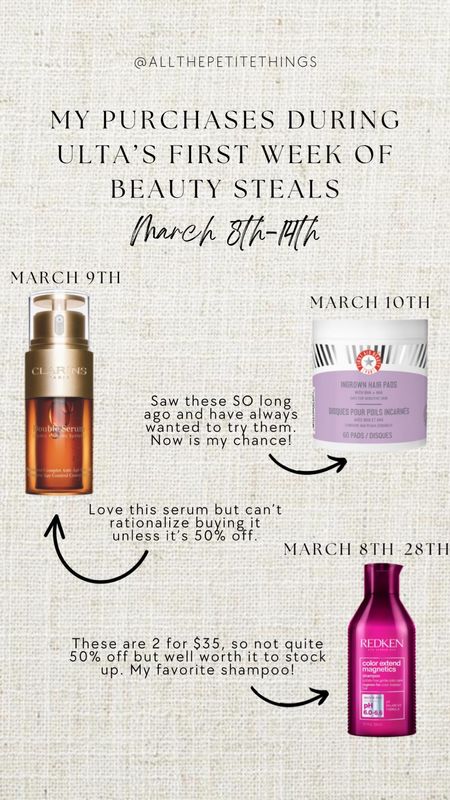 The purchases I have planned during Ulta’s first week of Beauty Steals this week & the dates they’re available! 🤍

#LTKfindsunder50 #LTKsalealert #LTKbeauty