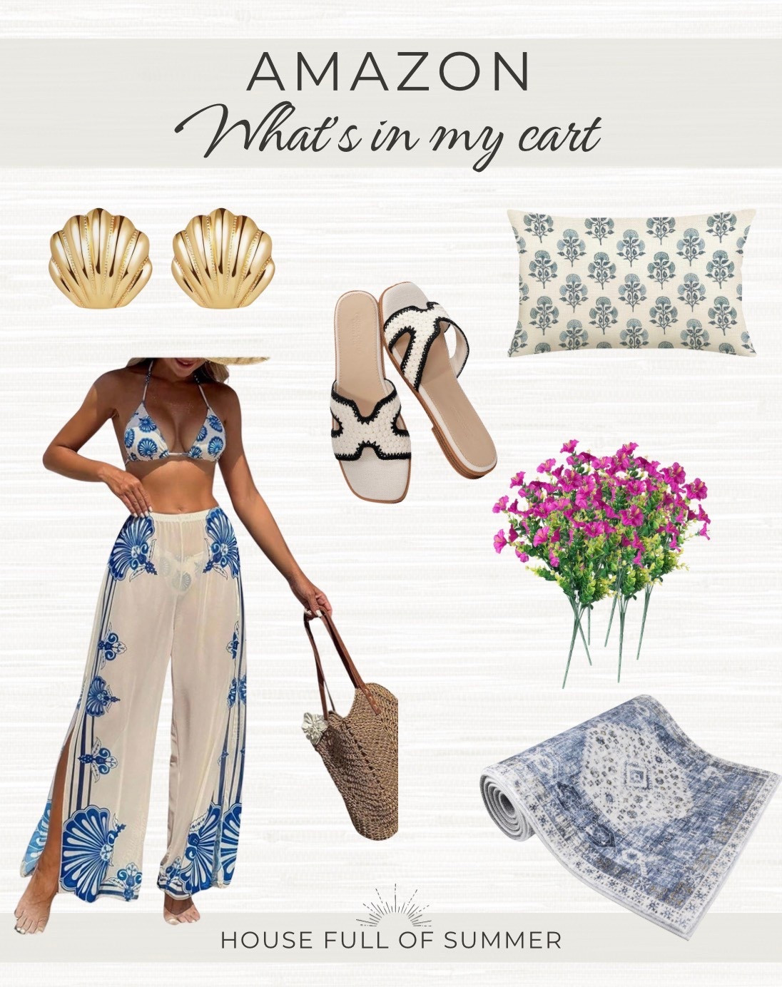 Amazon what’s in my cart 
Spring finds 
Beach resort wear cover up bikini set 
Shell earrings 
Pillow cover 
Raffia sandals rug faux flowers 

#LTKSeasonal #LTKSwim #LTKHome