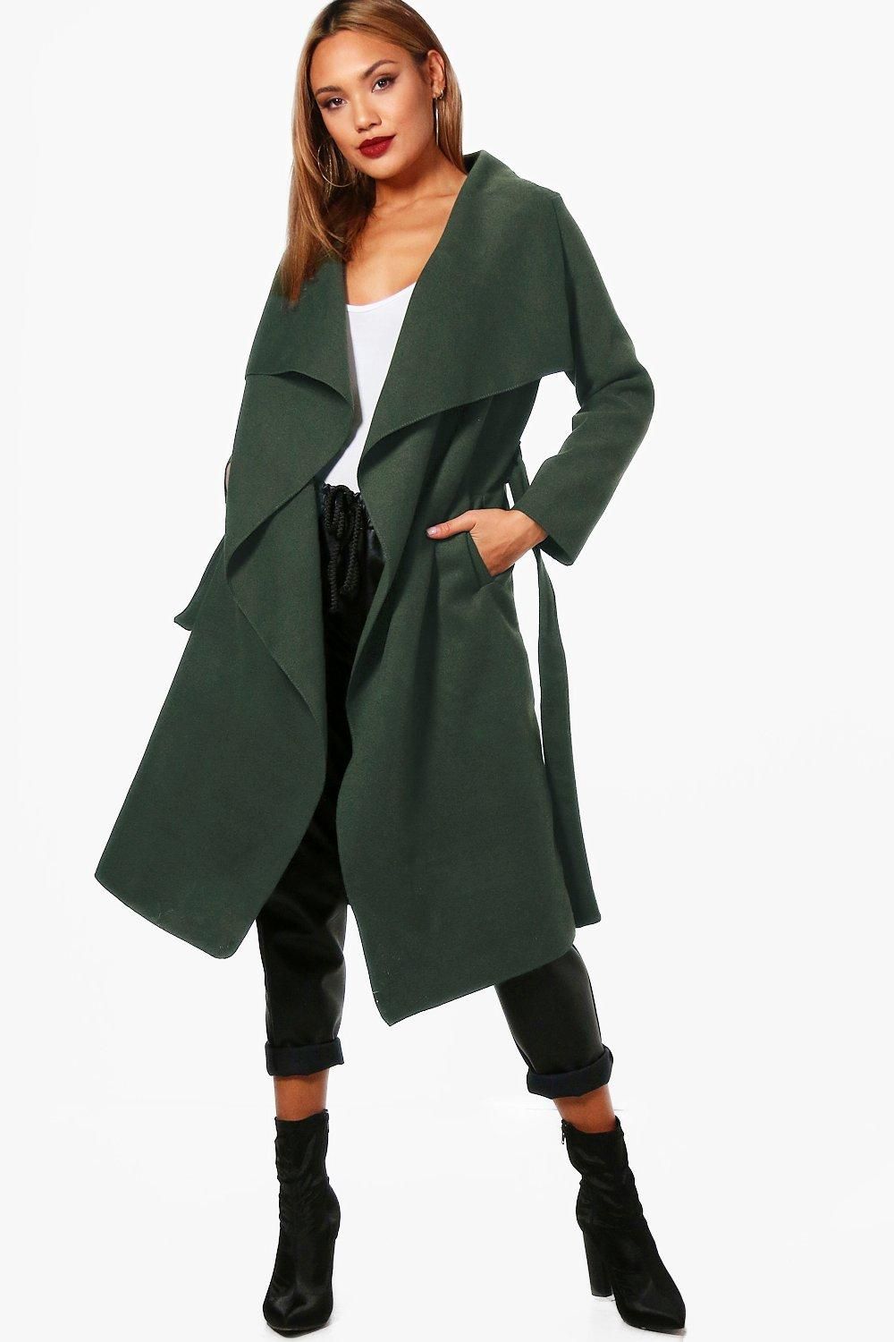 Womens Belted Waterfall Coat - Green - S/M | Boohoo.com (US & CA)