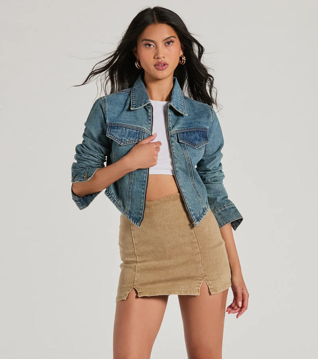 Cool Trendsetter Zip Up Collared Crop Denim Jacket | Windsor Stores