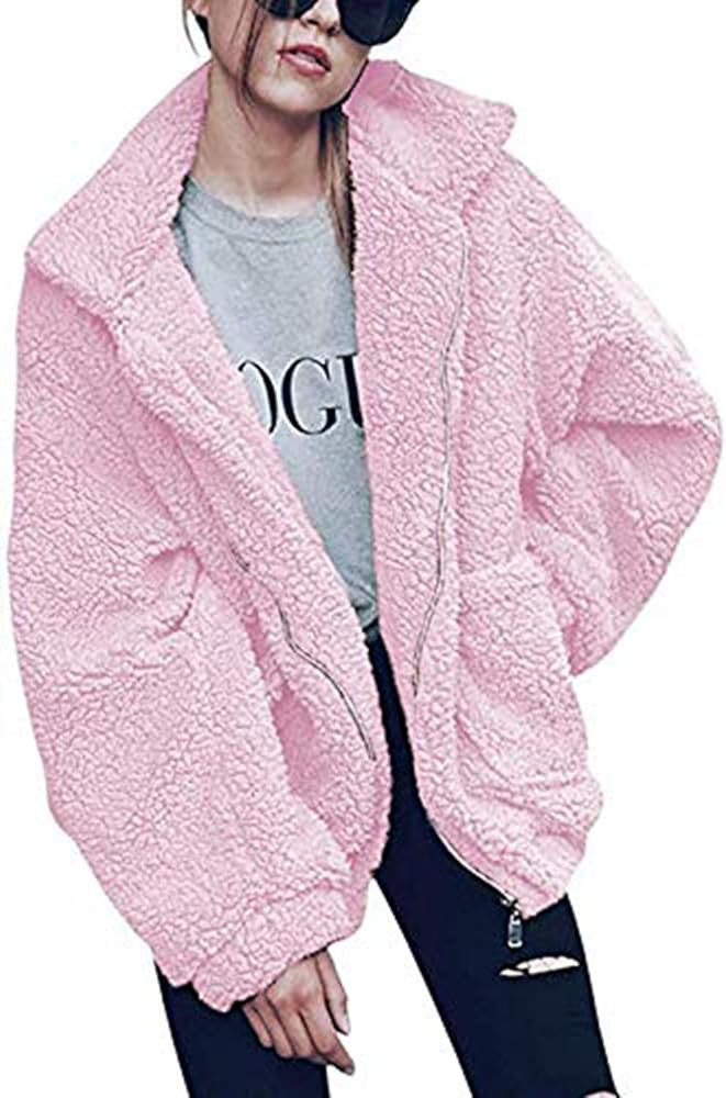 Comeon Women's Coat Casual Lapel Fleece Fuzzy Faux Shearling Zipper Coats Warm Winter Oversized O... | Amazon (US)
