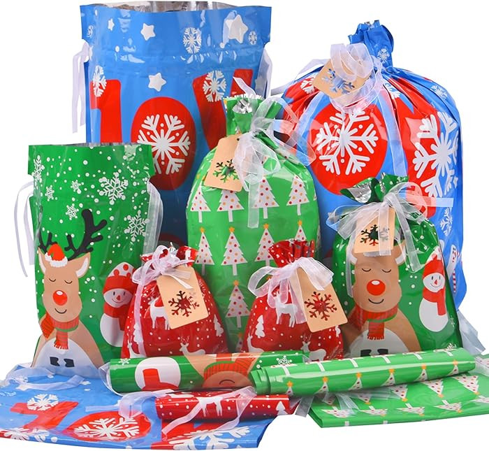 Christmas Gift Bags Assorted Sizes, 22pcs Drawstrings Christmas Bags For Gifts, Presents Wrapping... | Amazon (US)