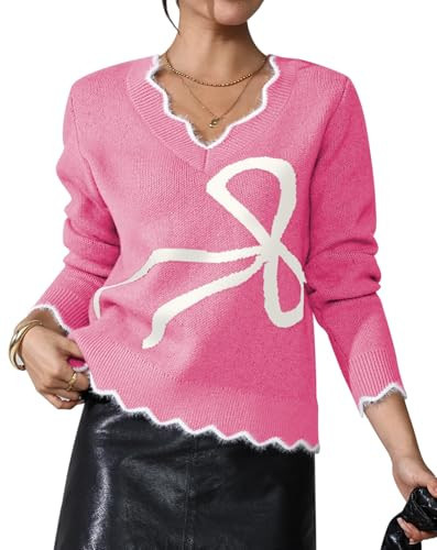 Pink Queen Women's V-Neck Sweater with Stylish Bow Design Long Sleeve Elegant Knit Top Pink M | Amazon (US)