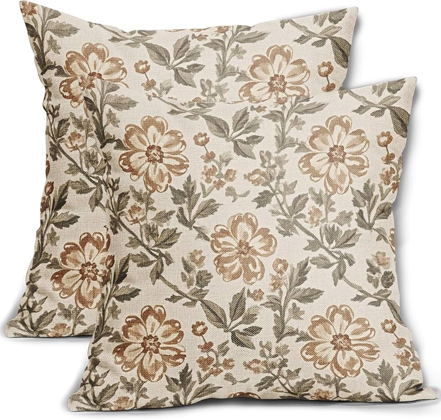 Vintage Floral Block Print Pillow Covers 18x18 Inch Set of 2, Brown Olive Green Antique Flower Pa... | Amazon (US)