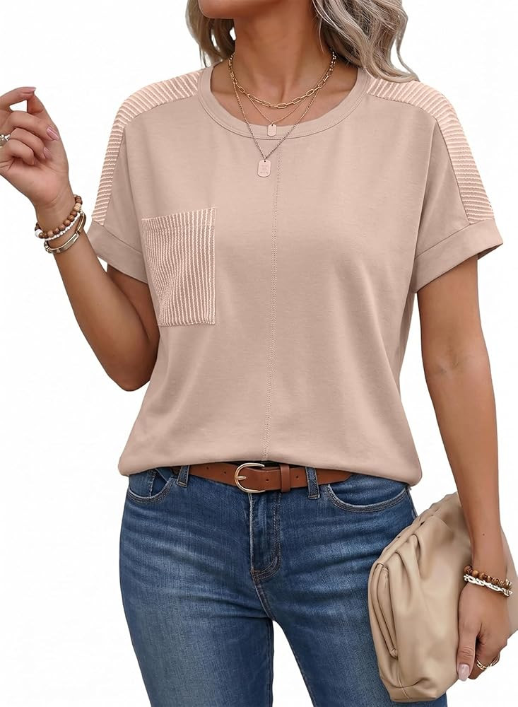 SHEWIN Women's Summer Tops Short Sleeve T-Shirts Crew Neck Casual Solid Basic Tees 2026 Clothes | Amazon (US)