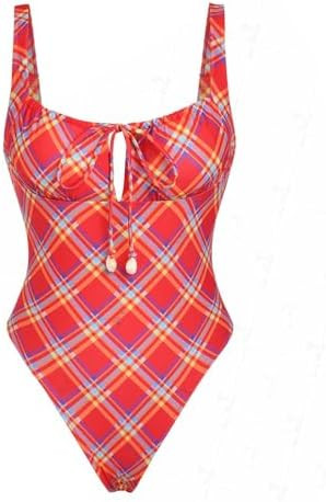 seamoly Blue Gingham Tie Around Criss Cross Backless Plunging Neck One-Piece Swimsuit | Amazon (US)