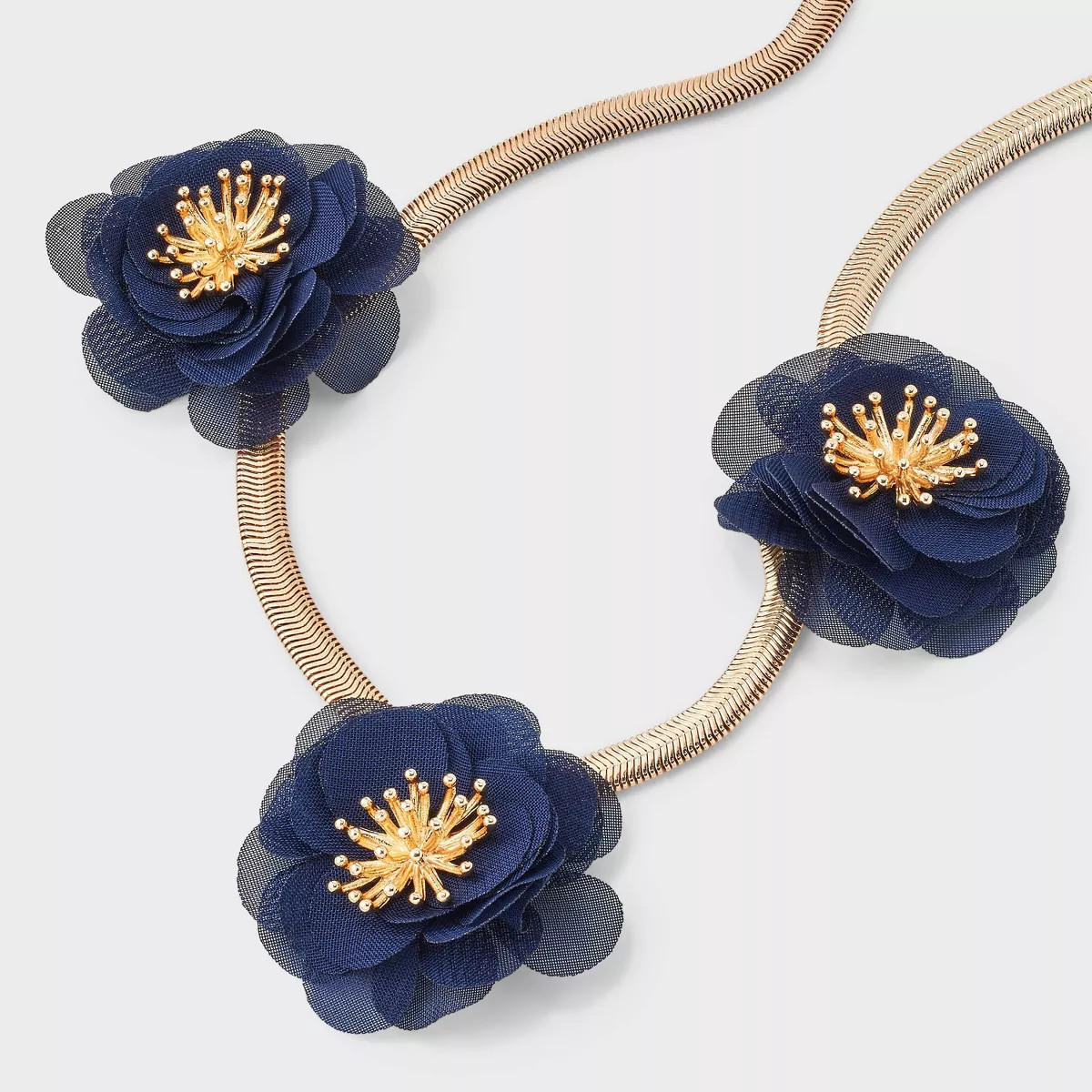 Fabric Flower Curb Chain Necklace - A New Day™ Navy/Gold: Polyester Floral Bib with Lobster Cla... | Target