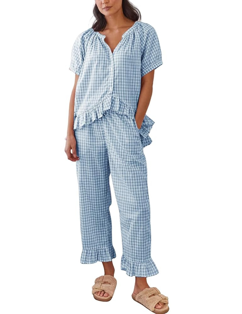 Gihuo Gingham Pajama Set for Women Pjs Plaid Ruffle Top and Pants Lounge Sleepwear | Amazon (US)