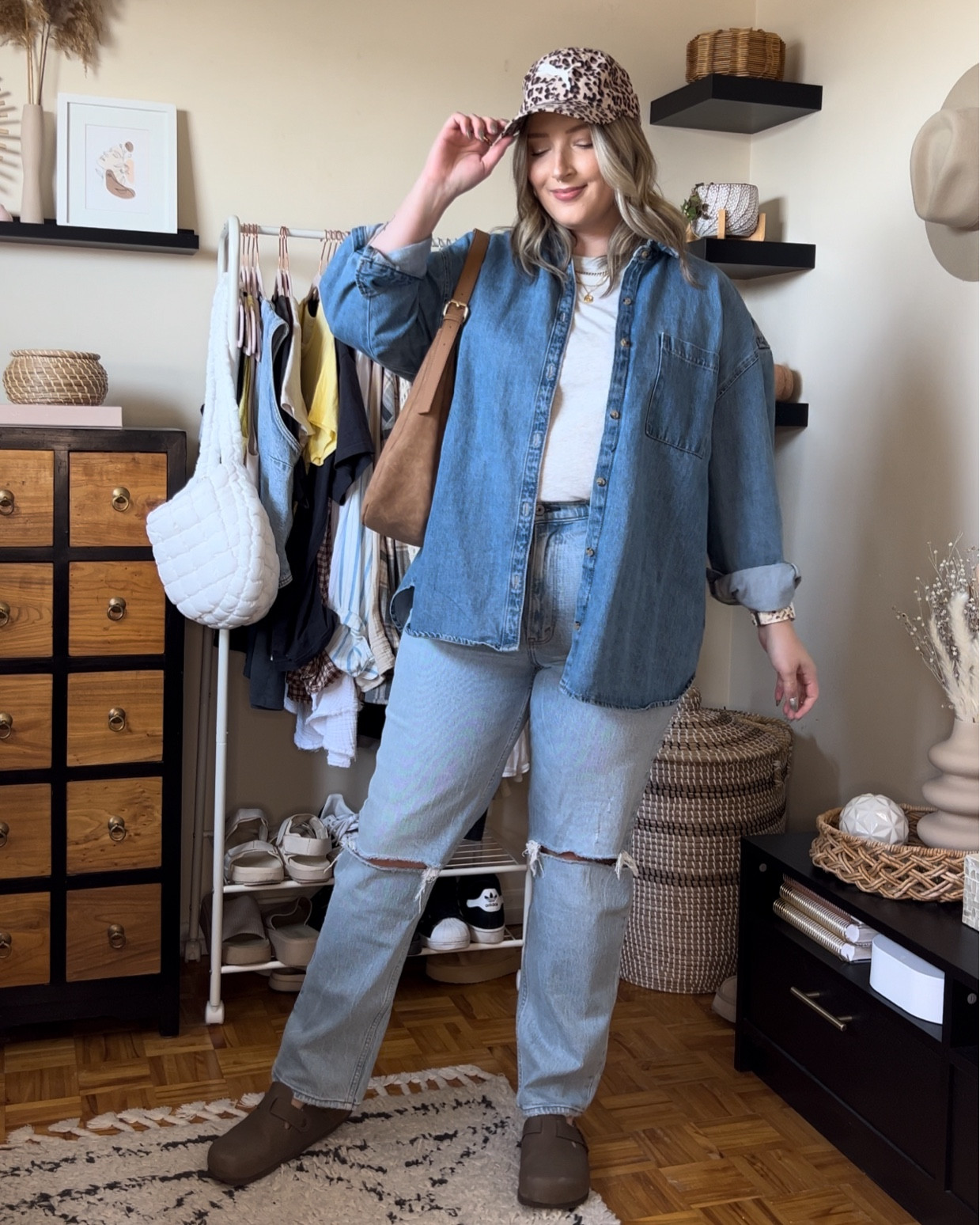 Denim on denim fall outfit - wearing my usual size L in the denim shirt & basic tee and 32 reg in the 90s straight jeans. I’m usually a 9.5-10 in shoes and wear a 10 in the Amazon clogs. Linked similar leopard print baseball caps 


#LTKmidsize #LTKautumn #LTKstyletip