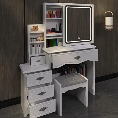 55" Makeup Vanity Desk Set with Hidden Shelves & Cushioned Stool, Sliding Vanity Mirror with 3-Color | Amazon (US)