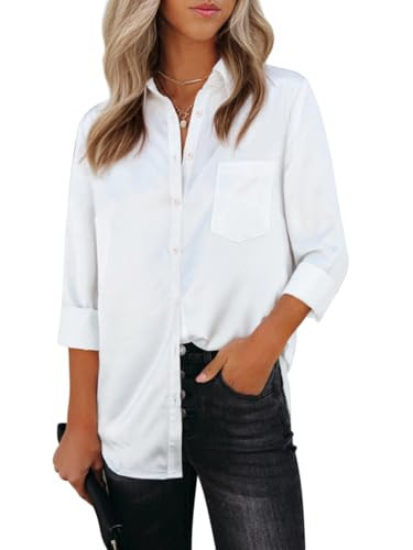 Aoudery Womens Button Down Shirts Dress Shirts Long Sleeve Collared Blouses V Neck Work Office Tunic Chiffon Tops-White M | Amazon (US)